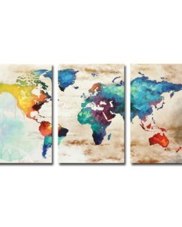 Triptych World Map Canvas Art,Water color map Poster Printed You Artwork on Canvas with Frame Ready Hanging