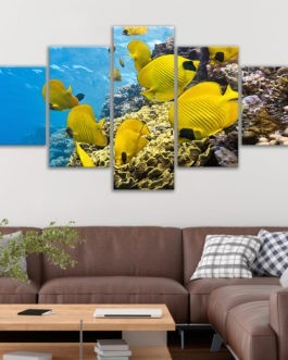 Seascape 5 Panel Canvas Painting Fish Kid Room Wall Decor Colorful Canvas Artwork