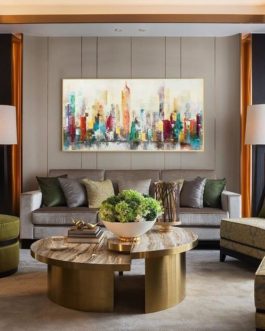 Large Golden Framed Canvas Modern Wall Art Decor Cityscape Acrylic Paintings