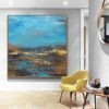 Golden Framed Hand Painted Deep Blue Sky And Beach Abstract Art Painting for Star rated Hotel