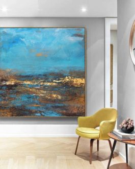 Golden Framed Hand Painted Deep Blue Sky And Beach Abstract Art Painting for Star rated Hotel