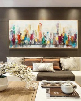 Large Golden Framed Canvas Modern Wall Art Decor Cityscape Acrylic Paintings