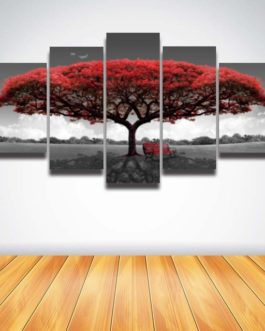 Cheapest Large Home Decor Modern Red Tree Flower HD 5-Panel Wall Art Canvas Prints