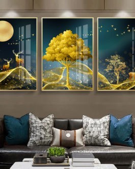 High Quality Abstract 3 panel painting Golden Tree Deer Crystal Porcelain Painting art sets living room decor canvas painting